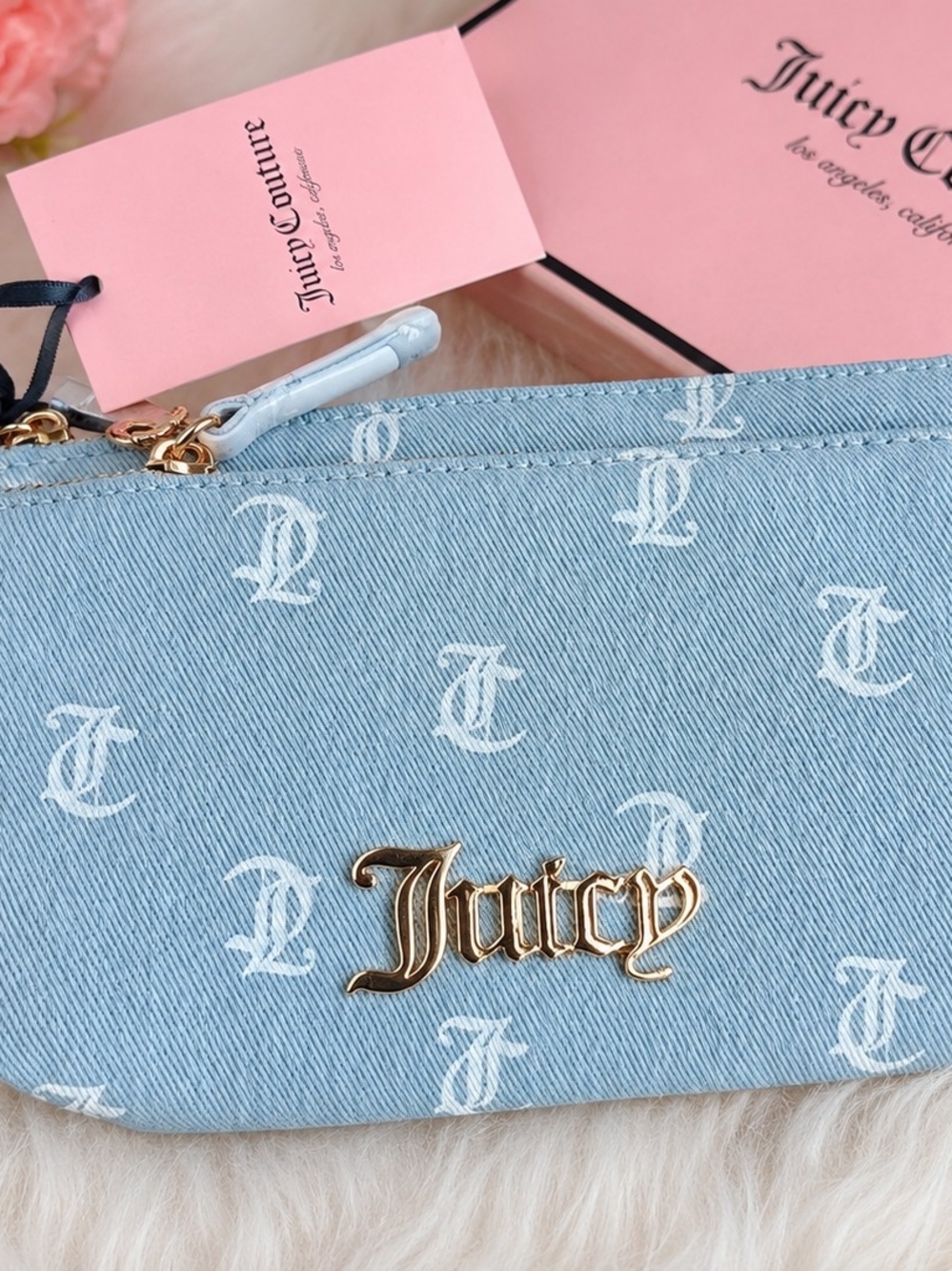Juicy Couture Light Blue Denim Logo Wristlet with Gold Plaque